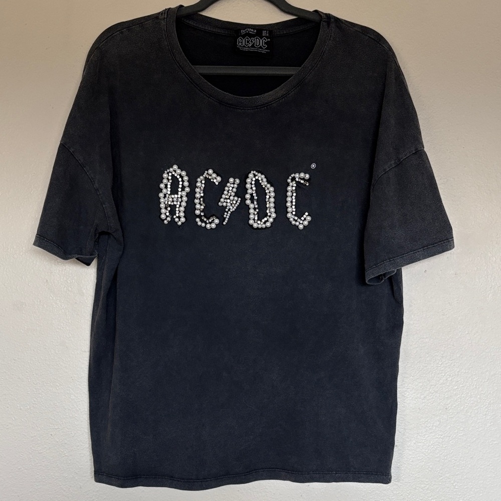 Berskha AC/DC Band Embellished Pearl Oversized T-shirt Small